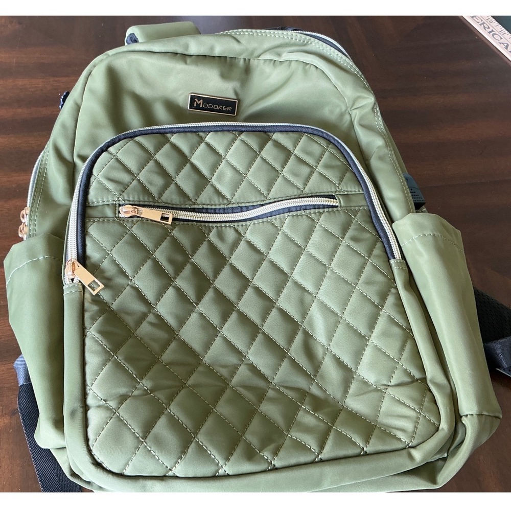Modoker Laptop Backpack Quilted Olive Green USB Charging Port Large Professional